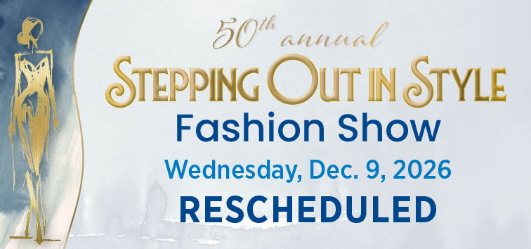 Drawn image of a women model in blue dress with Graphic text reading Stepping out in style 50th annual Fashion show Oct. 23. Sponsorships available